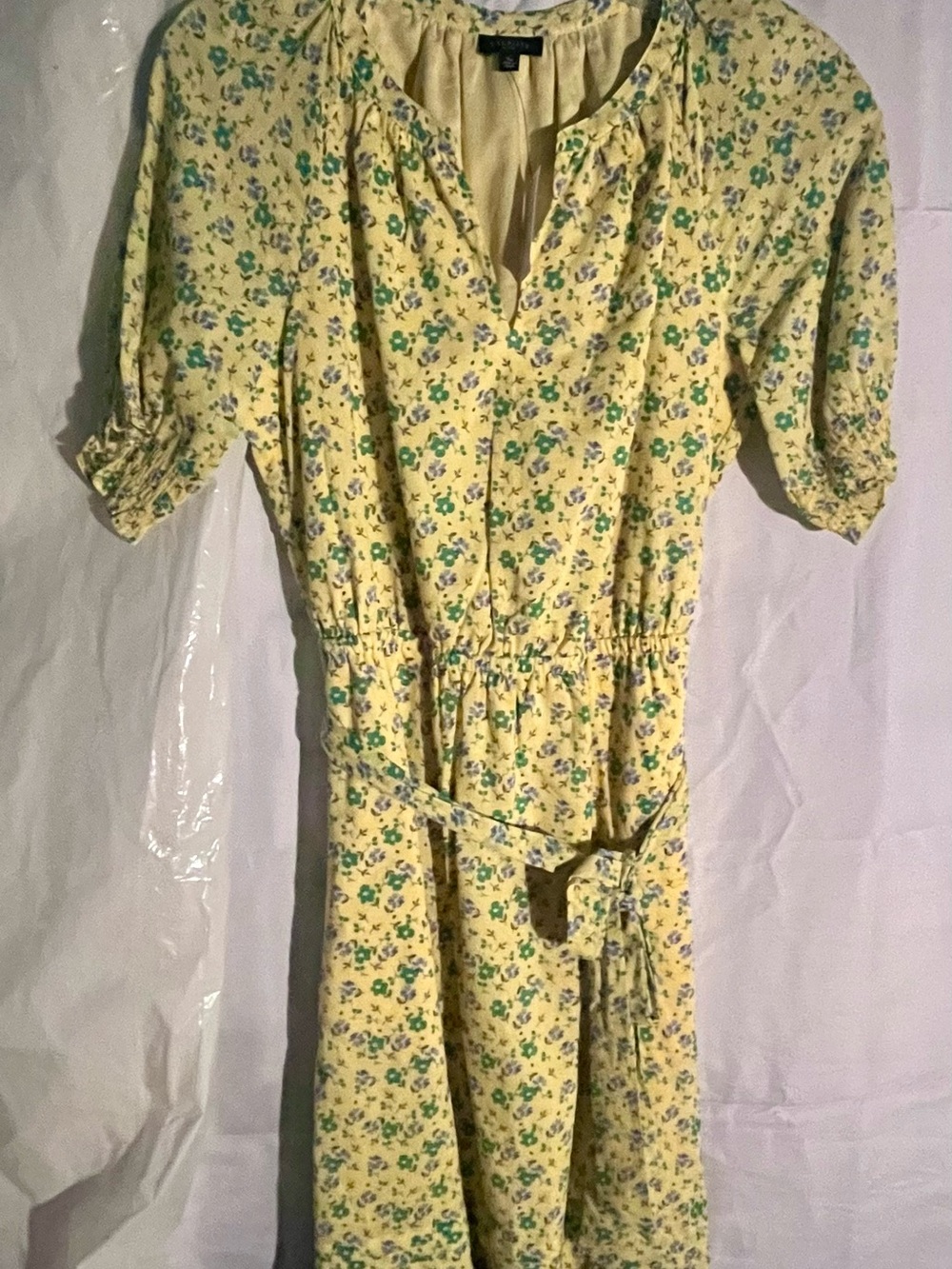 Talbots Yellow Floral V-Neck Midi Dress with Tie NWT